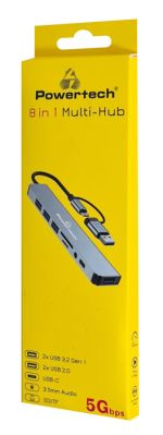 POWERTECH USB hub PTR-0151 με card reader, 8 θυρών, USB & USB-C, γκρι