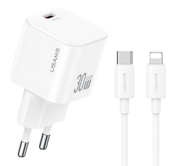 USAMS φορτιστής τοίχου CC262 με καλώδιο Lightning, 30W, GaN, λευκός