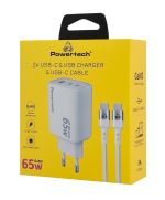 POWERTECH φορτιστής τοίχου PT-1415 με καλώδιο, USB/2x USB-C, 65W, GaN, λευκός