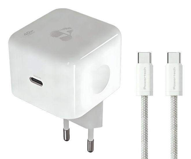 POWERTECH φορτιστής τοίχου PT-1581 με καλώδιο, USB-C, 40 έως 60W, GaN, AVS, λευκός