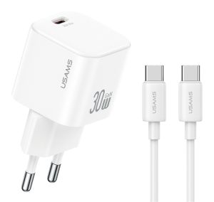 USAMS φορτιστής τοίχου CC262 με καλώδιο USB-C, 30W, GaN, λευκός