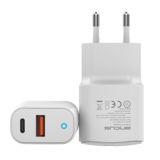 Φορτιστής Ταξιδίου Switching Ancus Supreme Series C70L Dual Fast Charge USB/USB-C Έξοδο QC3.0 PD 20W Λευκό με LED